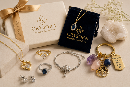 Crysora jewellery and keepsakes with gold and silver pieces, gemstone keyring and gift packaging