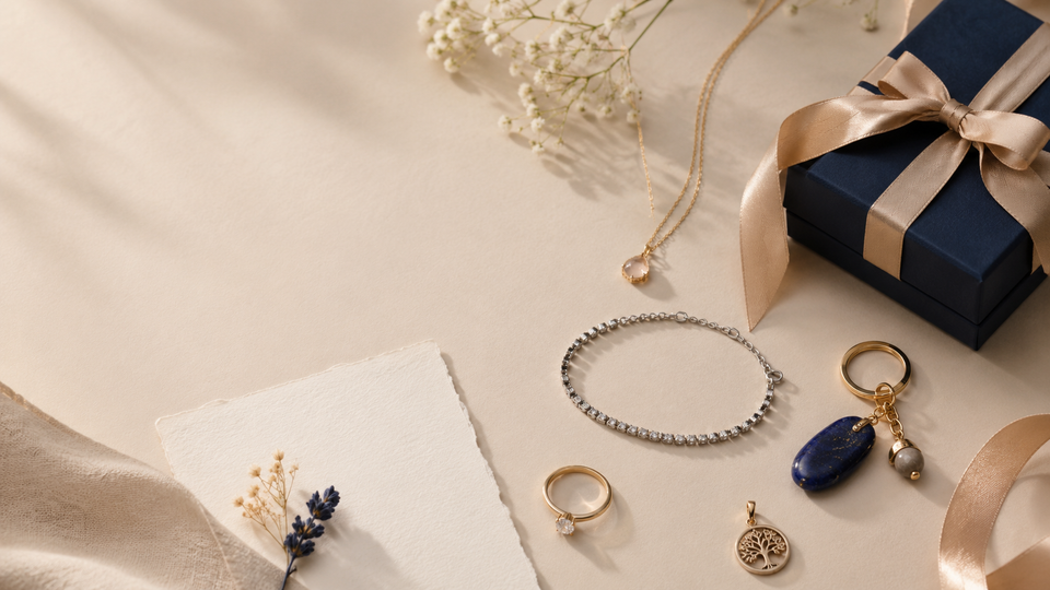 Meaningful jewellery gift with gold and silver pieces, gemstone keepsakes and Crysora gift packaging