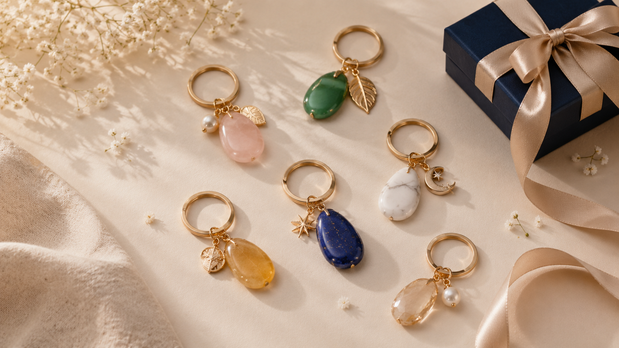 Jewellery care setup with polishing cloth, pouch, rings, bracelet and gemstone keyring