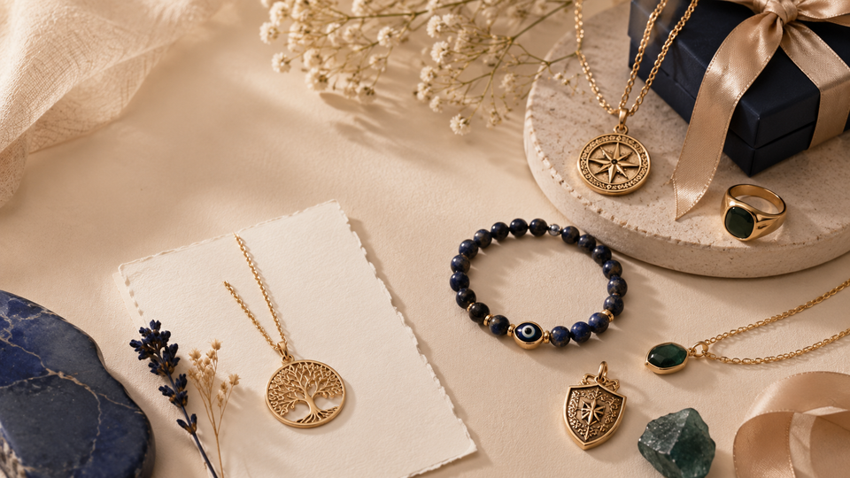 Protection and strength jewellery with blue gemstone bracelet, shield charm and gift box