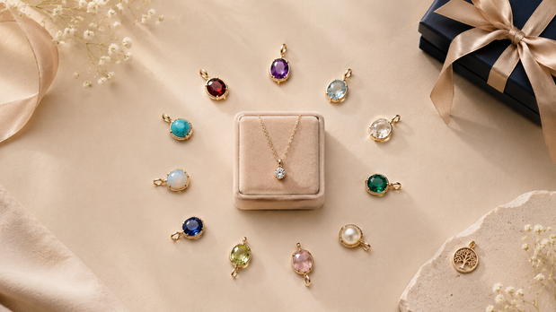 Birthstone jewellery gift guide with colourful gemstone pendants and Crysora gift packaging