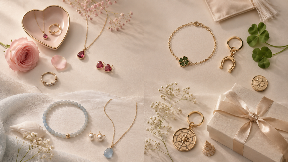 Meaningful gift ideas with romantic jewellery, lucky charms, calm gemstones and gift box