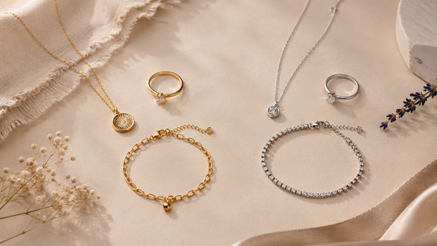 Gold and silver jewellery comparison with rings, bracelets and necklaces on soft beige fabric