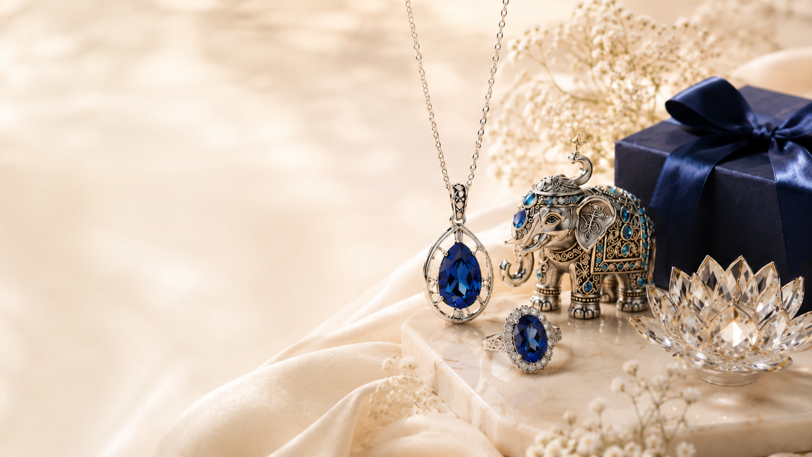 Jewelry set with blue gemstones on a soft fabric background